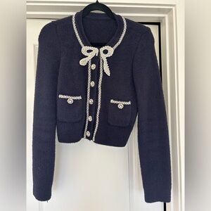 Navy Blue Self Portrait style Cardigan with Pearl Rhinestone Accents and Bow